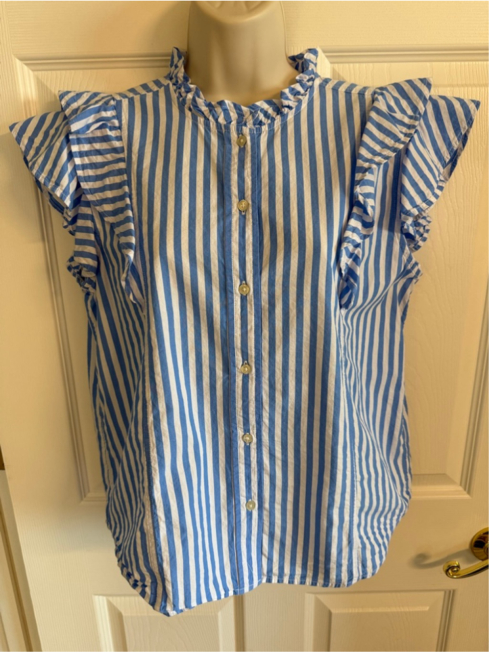Free Assembly blue white striped button shirt ruffle collar tiered cap sleeves S